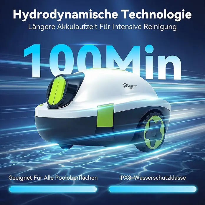 EVERCROSS BOT Poolroboter - Akkubetrieben, Passend für: Alle Pooltypen, Filterleistung: 7.200 l/h - Weiß-grüner Poolroboter für intensive Reinigung aller Pooloberflächen. Bietet 100 Min. Akkulaufzeit und IPX8 Wasserschutz.