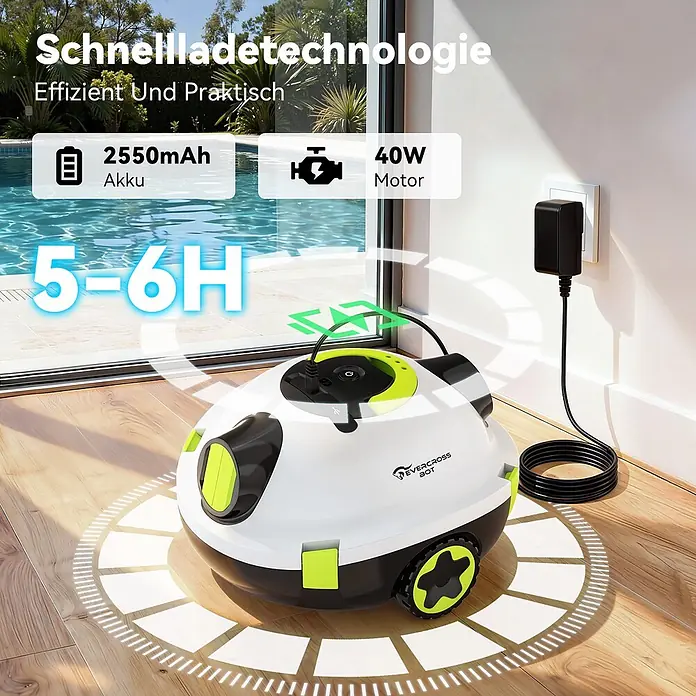 EVERCROSS BOT Poolroboter - Akkubetrieben, Passend für: Alle Pooltypen, Filterleistung: 7.200 l/h - Weißer und neongrüner Roboter-Poolreiniger lädt am Pool, mit 2550mAh Akku, 40W Motor und 5-6 Stunden Ladezeit.
