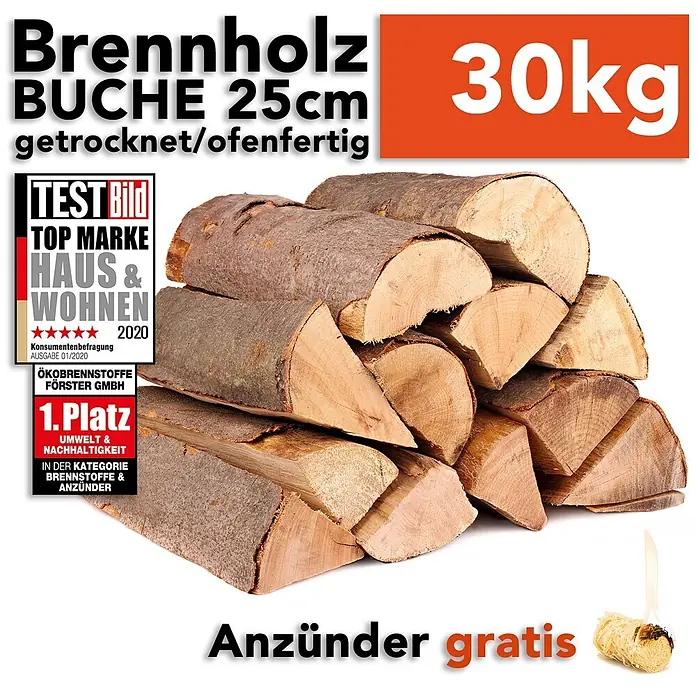 HOLZBRX Kaminholz Brennholz BUCHE 25cm - 30kg Karton (gesägt|gespalten|getrocknet) - Buche, 30 kg - Stapel getrockneter Buchenholzscheite (25cm), 30kg, ofenfertig, mit gratis Anzünder.