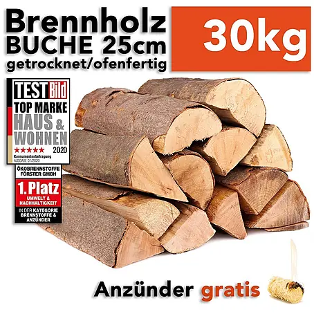 HOLZBRX  Kaminholz Brennholz BUCHE 25cm - 30kg Karton (gesägt|gespalten|getrocknet)
