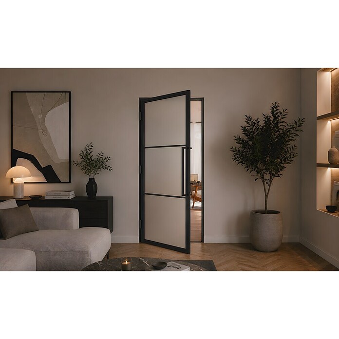 Solid Elements Binnendeur met kozijn - Staal & Mat glas - rechts (83 x 211,5 cm, Zwart, 3 vlaks, Mat glas) | BAUHAUS