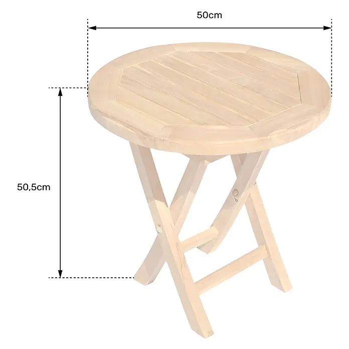 Happy Garden Garten-Beistelltisch LOMBOK - Teakholz, Rund, Natürlich - Runder Klapptisch aus hellem Holz mit 50 cm Durchmesser und 50,5 cm Höhe.