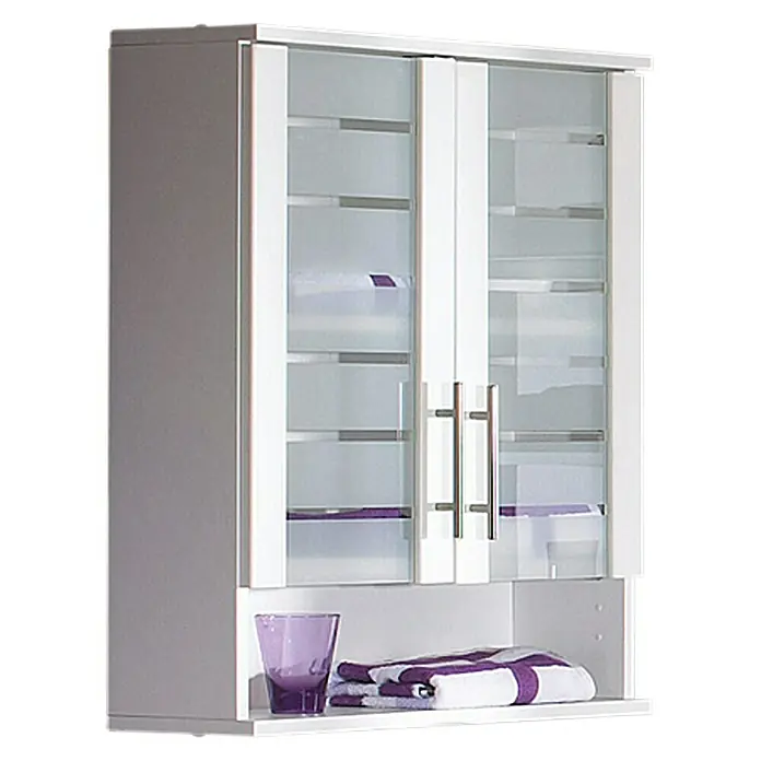 Schildmeyer Niko Oberschrank - 60 x 20,5 x 70 cm, Perlweiß - Ein weißer Hängeschrank mit Glastüren und einem offenen Fach darunter, ideal für Badezimmerutensilien.