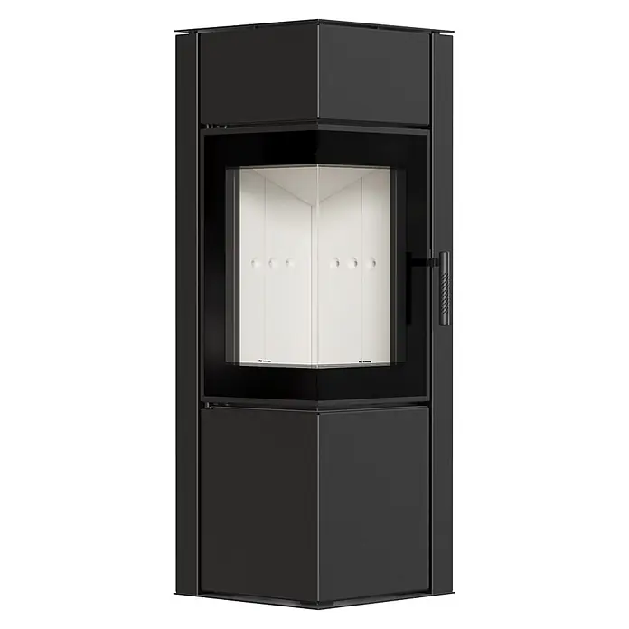 Ildnord Kaminofen Odyn - 8 kW, Raumheizvermögen: 80 m³, Schwarz, Höhe: 123,2 cm - Moderner schwarzer Eckkamin mit Glasfront, weißem Innenraum und seitlichem Griff.