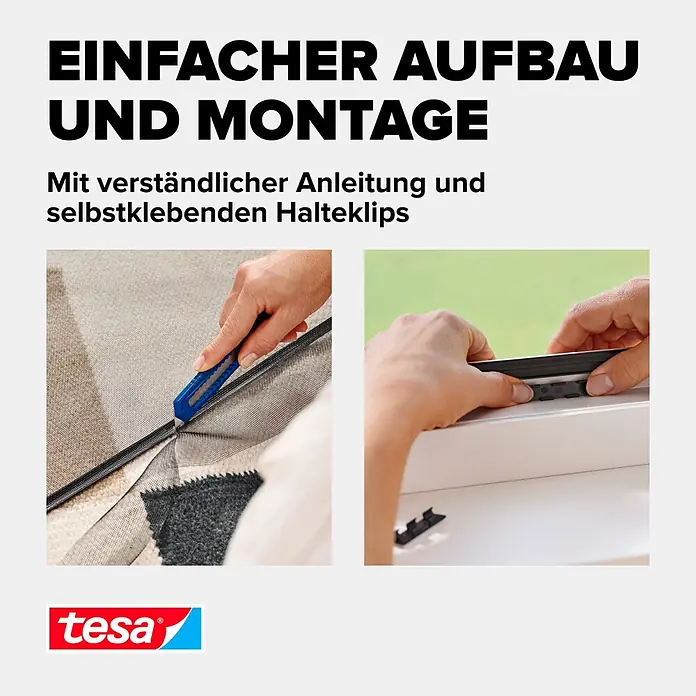 Tesa Insektenschutzfenster Insect Stop Anklipsrahmen - B x H: 1 x 1,2 m, Montage Insektengitter: Klemmen, Anthrazit - Hände schneiden dunkles Gitter mit Cuttermesser und befestigen schwarze Klebeclips an einem weißen Rahmen.