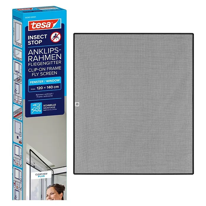 Tesa Insect Stop Insektenschutzfenster Insect Stop Anklipsrahmen - B x H: 1,2 x 1,4 m, Montage Insektengitter: Klemmen, Anthrazit - Tesa Anklips-Rahmen Fliegengitter mit grauem Netz und anthrazitfarbenem Rahmen, max. 120 x 140 cm.