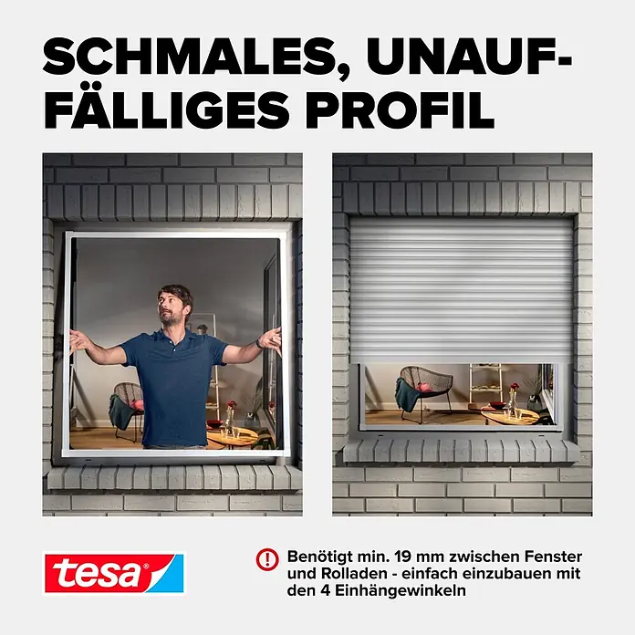Tesa Insektenschutzfenster FALT für Fenster - Weiß, Montage Insektengitter: Klemmen - Tesa Insektenschutzgitter mit schmalem weißem Profil, im Fenster eingesetzt. Passt in enge Spalte zwischen Fenster und Rollladen.