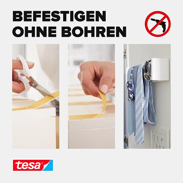 Tesa Powerbond Montageband Indoor - 1,5 m x 19 mm - Tesa Klebeband zur Befestigung eines weißen Kleiderbügels für Krawatten und Accessoires an einem Schrank, ohne Bohren.