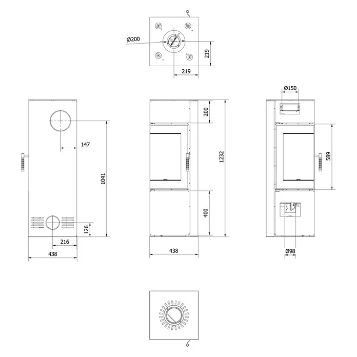Ildnord Kaminofen Odyn - 8 kW, Raumheizvermögen: 80 m³, Schwarz, Höhe: 123,2 cm - Technische Zeichnung eines Kaminofens mit mehreren Ansichten und Maßen, wie 200mm Rauchrohrdurchmesser, 1232mm Höhe und 438mm Breite.