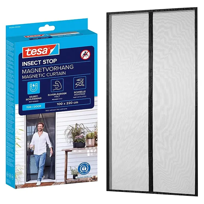 Tesa Insect Stop Insektenschutzvorhang selbstschließender Magnetvorhang - B x H: 100 x 220 cm, Montage Insektengitter: Kleben - Tesa Insect Stop Magnetvorhang Verpackung und anthrazitfarbenes Netz. Selbstschließender Insektenschutz für Türen, 100x220cm.