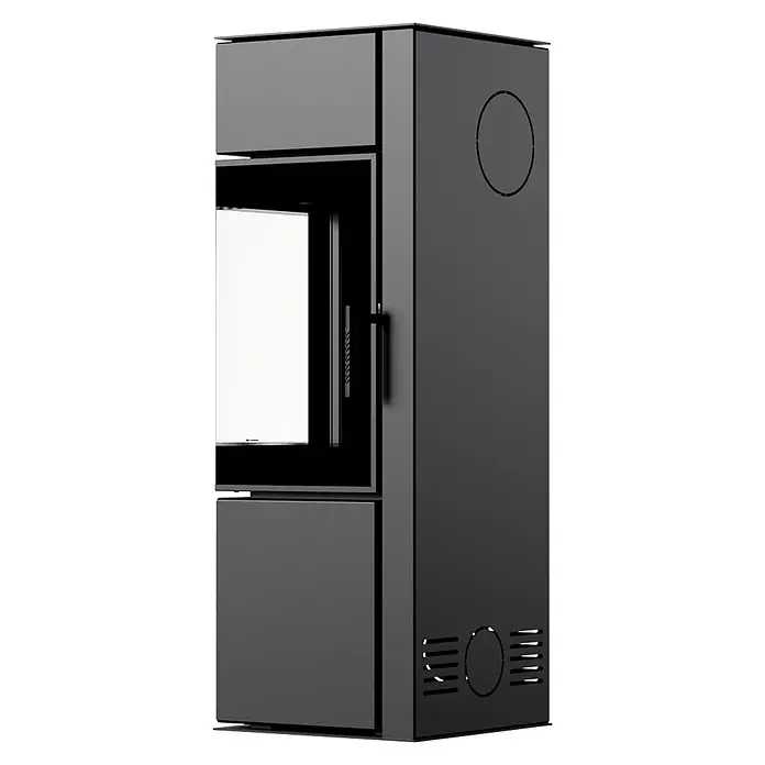 Ildnord Kaminofen Odyn - 8 kW, Raumheizvermögen: 80 m³, Schwarz, Höhe: 123,2 cm - Moderner dunkelgrauer Holzofen mit großer Glastür und seitlichen Lüftungsdetails.