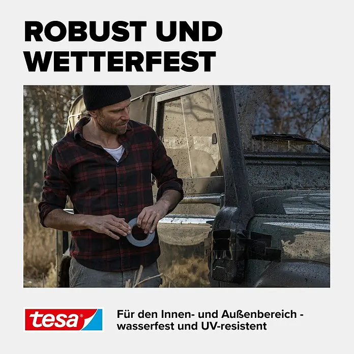 Tesa Ultra Power Reparaturgewebeband Extreme - Schwarz, 25 m x 50 mm - Mann mit tesa robustem, wetterfestem Klebeband für Innen- und Außenreparaturen.