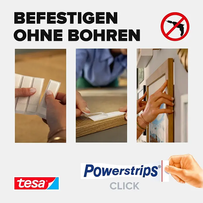 Tesa Selbstklebestrip POWERSTRIPS CLICK 4X2 L - 4 Stk., B x L: 20 x 85 mm - Weiße Tesa Powerstrips Click Klebestreifen zum Befestigen von Bilderrahmen und Gegenständen ohne Bohren.