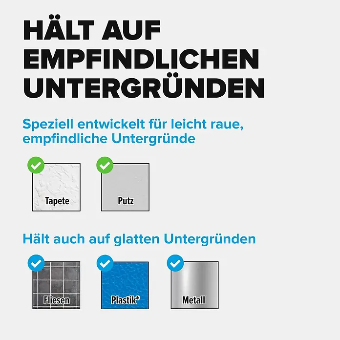 Tesa Selbstklebestrip POWERSTRIPS CLICK 4X2 L - 4 Stk., B x L: 20 x 85 mm - Infografik zur Haftung eines Produkts auf verschiedenen Oberflächen: Tapete, Putz, Fliesen, Kunststoff und Metall.