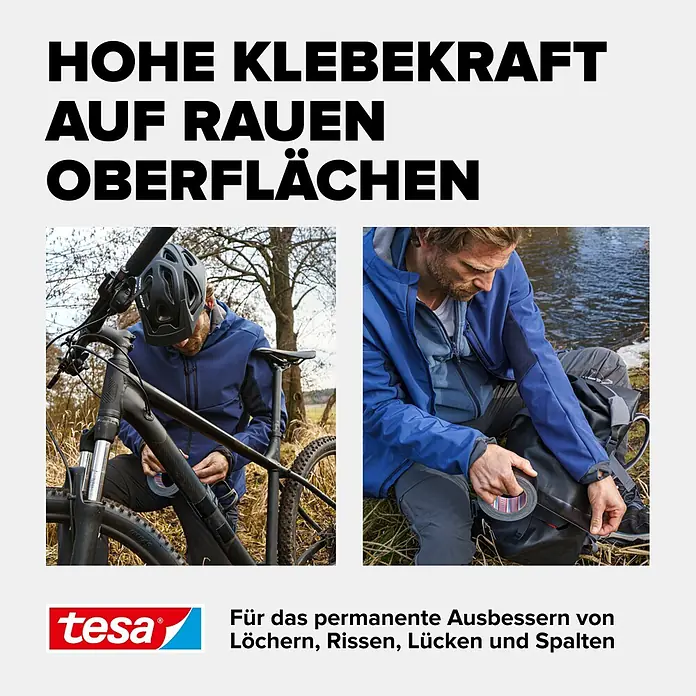 Tesa Ultra Power Reparaturgewebeband Extreme - Schwarz, 25 m x 50 mm - Mann repariert Fahrradrahmen und Rucksack mit tesa Klebeband, zeigt starke Haftung für dauerhafte Reparaturen im Freien.