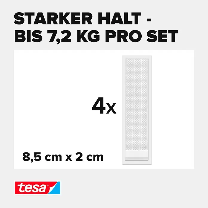 Tesa Selbstklebestrip POWERSTRIPS CLICK 4X2 L - 4 Stk., B x L: 20 x 85 mm - Tesa Klebestreifen für starken Halt, 4er-Set, je 8,5 cm x 2 cm, bis 7,2 kg Tragkraft.
