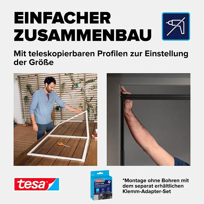 Tesa Insect Stop Insektenschutztür Insect Stop FALT für Türen - Weiß, Montage Insektengitter: Klemmen - Person montiert weißen, teleskopierbaren Insektenschutzrahmen; andere installiert schwarzen Rahmen bohrfrei im Fenster.