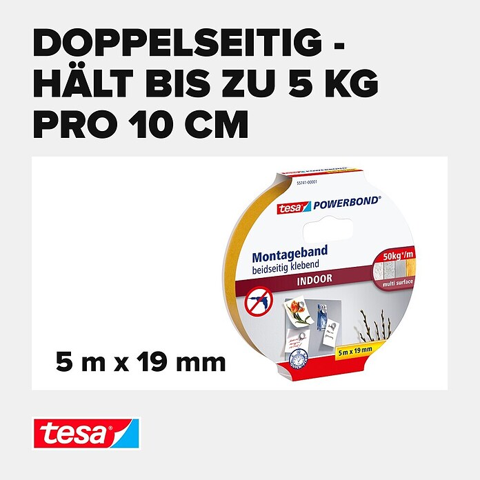 Tesa Powerbond Montageband Indoor (5 m x 19 mm)