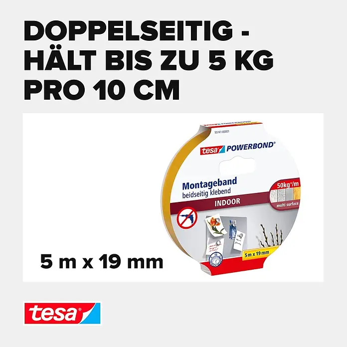 Tesa Powerbond Montageband Indoor - 5 m x 19 mm - Tesa Powerbond doppelseitiges Montageband, gelb, für Innenbereich, hält bis 5kg/10cm, 5m x 19mm.