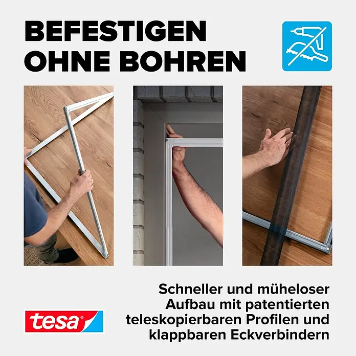 Tesa Insektenschutzfenster FALT für Fenster - Weiß, Montage Insektengitter: Klemmen - Weiße Fliegengitterrahmen-Montage ohne Bohren. Schneller Aufbau mit teleskopierbaren Profilen und klappbaren Eckverbindern.