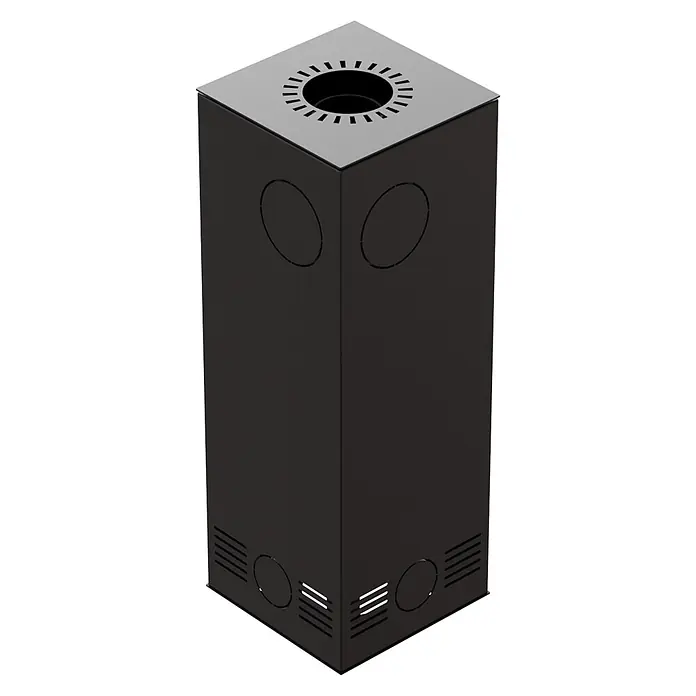 Ildnord Kaminofen Odyn - 8 kW, Raumheizvermögen: 80 m³, Schwarz, Höhe: 123,2 cm - Dunkelgrauer Pfeiler mit hellgrauer perforierter Oberseite. Seiten mit kreisförmigen Details und horizontalen Lüftungsschlitzen.