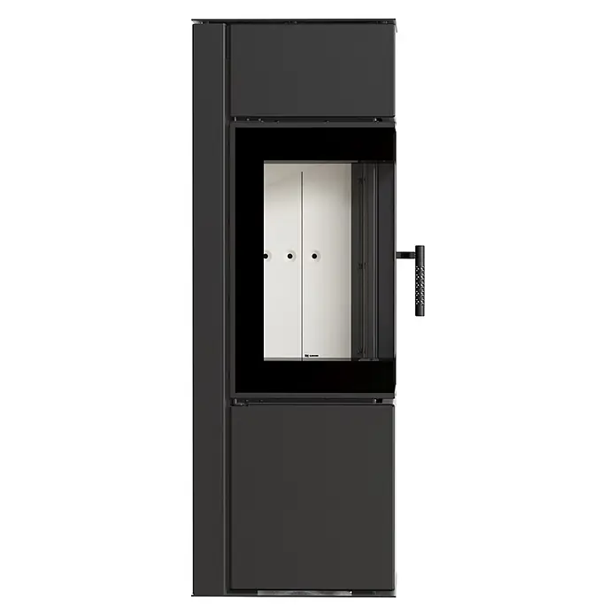 Ildnord Kaminofen Odyn - 8 kW, Raumheizvermögen: 80 m³, Schwarz, Höhe: 123,2 cm - Moderner anthrazitfarbener Kaminofen mit großer Glastür, hellem Innenraum und strukturiertem Seitenhandgriff.