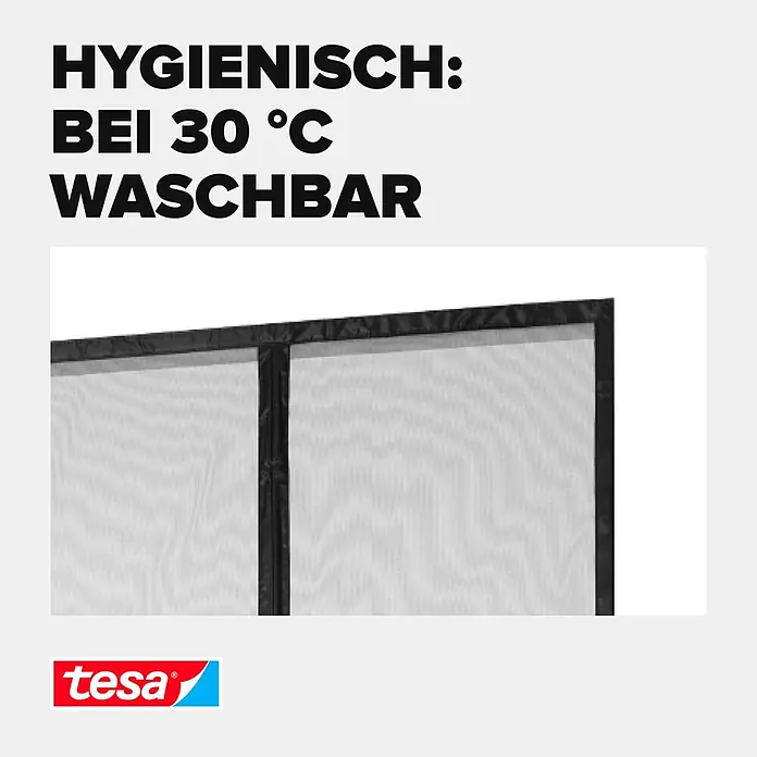 Tesa Insect Stop Insektenschutzvorhang selbstschließender Magnetvorhang - B x H: 80 x 200 cm, Montage Insektengitter: Kleben - Nahaufnahme eines weißen, feinmaschigen Insektenschutzgitters mit schwarzem Rahmen, waschbar bei 30 °C.