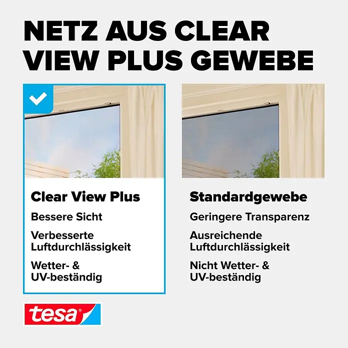 Tesa Insect Stop Insektenschutztür Insect Stop FALT für Türen - Weiß, Montage Insektengitter: Klemmen - Vergleich zweier Insektenschutzgewebe: Clear View Plus für bessere Sicht und Standardgewebe mit geringerer Transparenz.