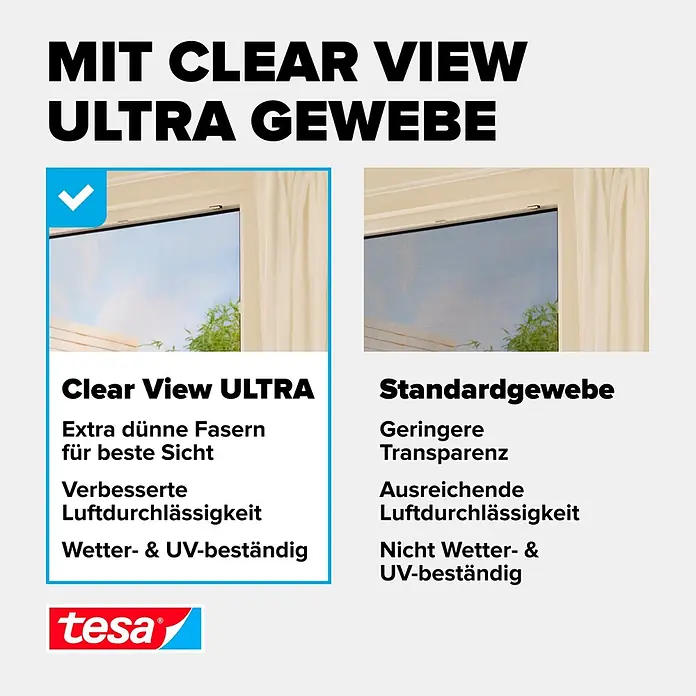 Tesa Insektenschutzfenster FALT für Fenster - Weiß, Montage Insektengitter: Klemmen - Vergleich von tesa Clear View ULTRA Insektenschutzgewebe, das klare Sicht bietet, mit Standardgewebe an Fenstern.