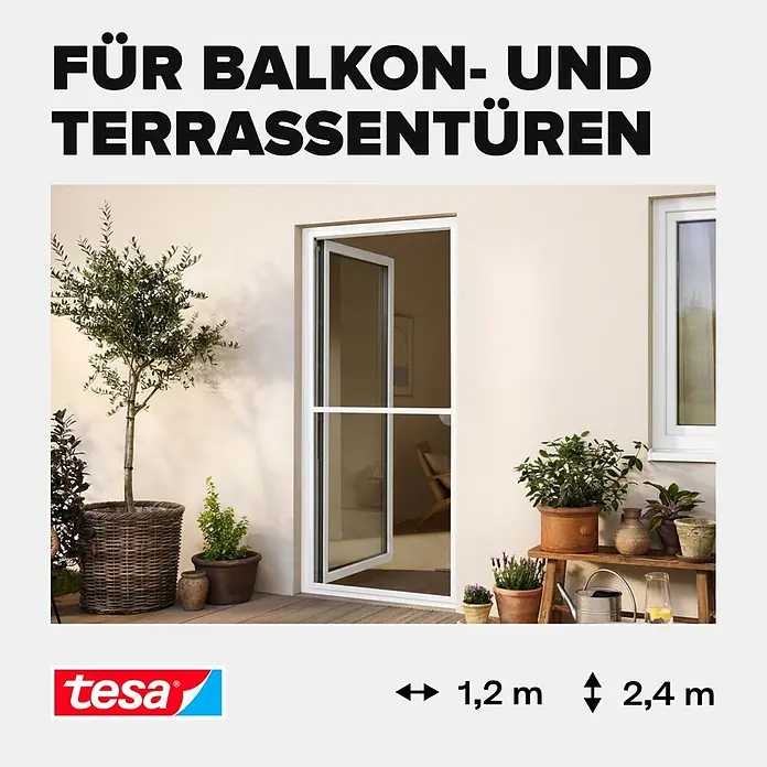 Tesa Insect Stop Insektenschutztür - B x H: 1,2 x 2,4 m, Montage Insektengitter: Schrauben - Weißes Fliegengitter für Balkon- und Terrassentüren, montiert an einer Tür, passend für bis zu 1,2 m Breite und 2,4 m Höhe.