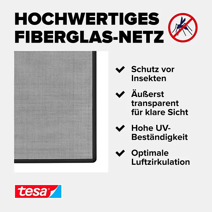 Tesa Insect Stop Insektenschutzfenster Insect Stop Anklipsrahmen - B x H: 1,2 x 2,4 m, Montage Insektengitter: Klemmen, Anthrazit - Dunkles Fiberglas-Insektenschutznetz. Bietet Schutz vor Insekten.