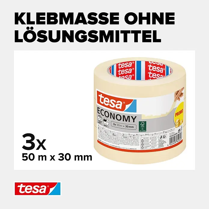 Tesa Malerband Economy Promo - 3 Stk., 50 m x 30 mm - tesa Abdeckband Economy, 3 Rollen à 50 m x 30 mm, lösungsmittelfrei.