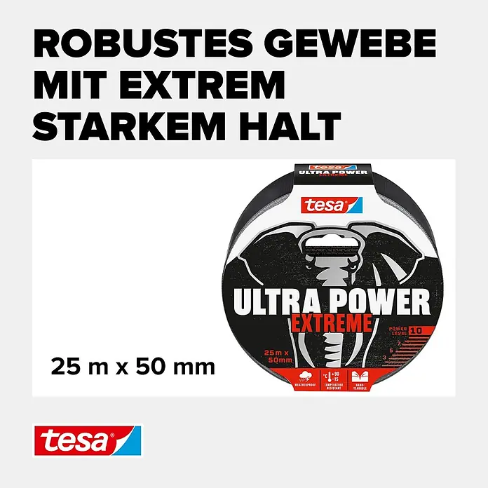 Tesa Ultra Power Reparaturgewebeband Extreme - Schwarz, 25 m x 50 mm - Schwarzes Tesa Ultra Power Extreme Gewebeband, 25m x 50mm, mit robustem, wetterfestem und von Hand reißbarem starkem Halt.