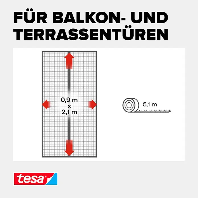 Tesa Insect Stop Insektenschutzvorhang selbstschließender Magnetvorhang - B x H: 90 x 210 cm, Montage Insektengitter: Kleben - tesa Fliegengitter (0,9x2,1m) für Balkon-/Terrassentüren, mit 5,1m Klebestreifen.