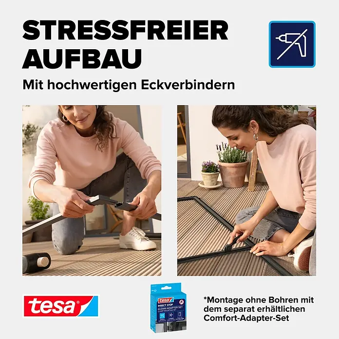 Tesa Insect Stop Insektenschutztür - B x H: 1 x 2,2 m, Montage Insektengitter: Schrauben - Frau montiert dunklen Insektenschutzrahmen mit Eckverbindern, demonstriert bohrfreie Montage.