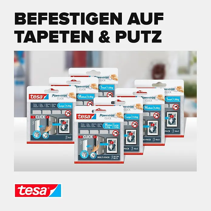Tesa Selbstklebestrip POWERSTRIPS CLICK 4X2 L - 4 Stk., B x L: 20 x 85 mm - Verschiedene tesa Powerstrips CLICK Packungen zum Befestigen an Tapeten und Putz, erhältlich in klein, mittel und groß.