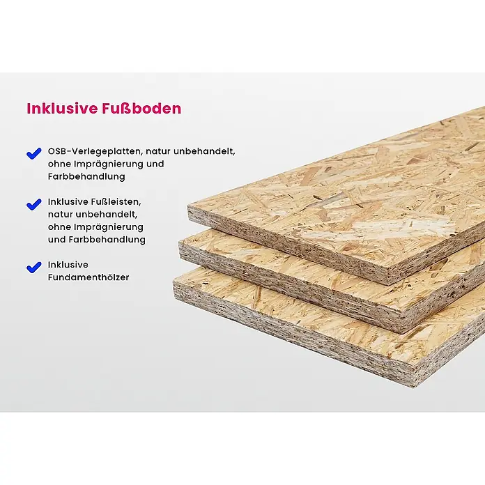 Alpholz Gartenhaus ECO Set Valeria imprägniert 28mm Wandstärke - Außenmaß inkl. Dachüberstand (B x T): 438 x 427 cm, Holz, Pinie - Stapel unbehandelter OSB-Verlegeplatten mit Fußleisten und Fundamenthölzern.