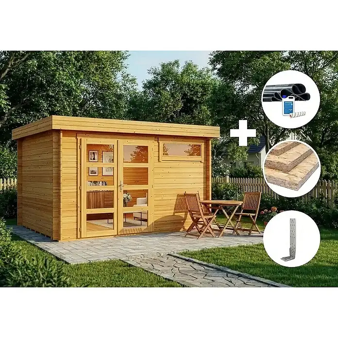 Alpholz Gartenhaus ECO Set Leandro imprägniert 28mm Wandstärke - Außenmaß inkl. Dachüberstand (B x T): 394 x 268 cm, Holz, Pinie - Helles Gartenhaus aus Holz mit doppelter Glastür und Seitenfenster, gezeigt mit enthaltenem Dachmaterial, OSB-Platten und einem Metallwinkel.