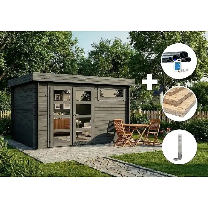 Alpholz Gartenhaus ECO Set Leandro grau 28mm Wandstärke - Außenmaß inkl. Dachüberstand (B x T): 394 x 268 cm, Holz, Grau - Dunkelgraues Holzgartenhaus mit Terrasse und Grün. Enthält Einlagen von Drainagerohren, Flüssigkeit, OSB-Platten und einem Winkelverbinder.