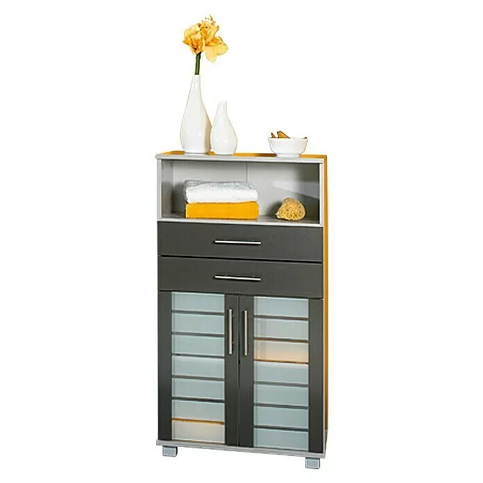 Schildmeyer Niko Aparador alto de baño - An x Pr x Al: 60 x 32,6 x 110,5 cm, Plateado/Antracita - Armario de almacenamiento moderno gris y blanco con puertas de cristal esmerilado, dos cajones y un estante abierto.