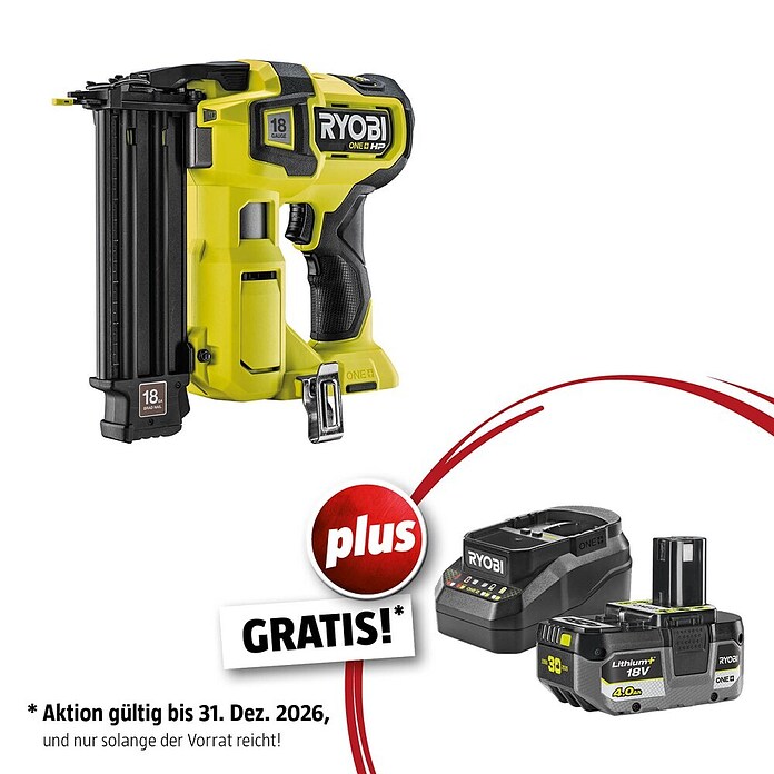 Ryobi ONE+ Maschinenpaket (Akku-Nagler R18GN18X-0 + gratis Starter-Kit) | BAUHAUS