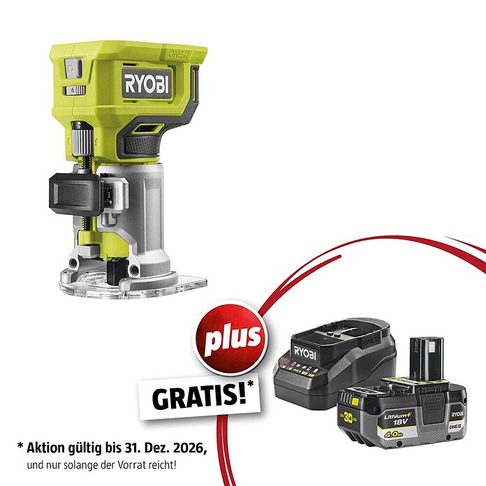 Ryobi ONE+ Maschinenpaket (Akku-Kantenfräser RTR18-0 + gratis Starter-Kit) | BAUHAUS
