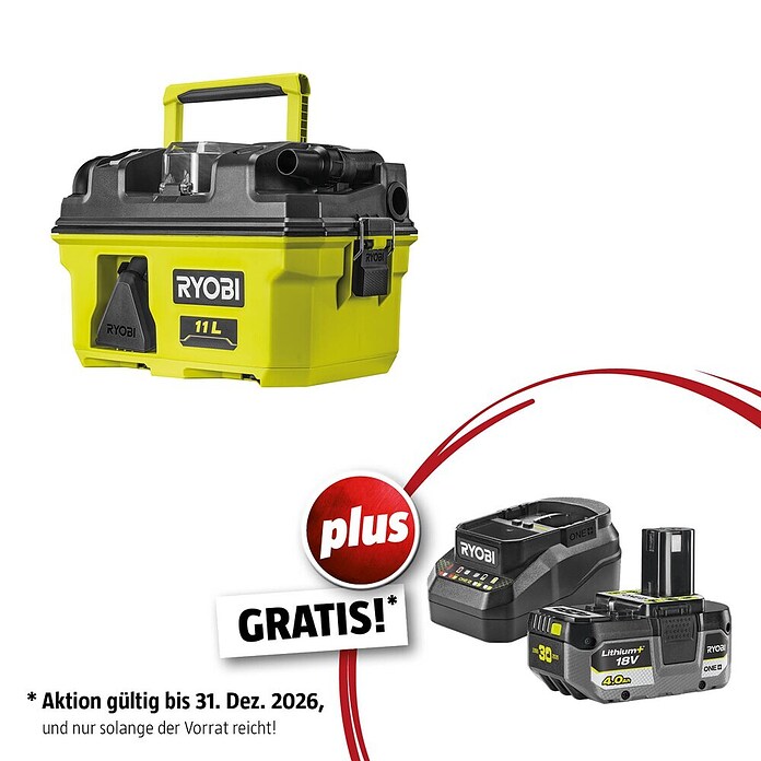 Ryobi ONE+ Maschinenpaket (Akku-Nass-Trockensauger RV1811-0 + gratis Starter-Kit) | BAUHAUS
