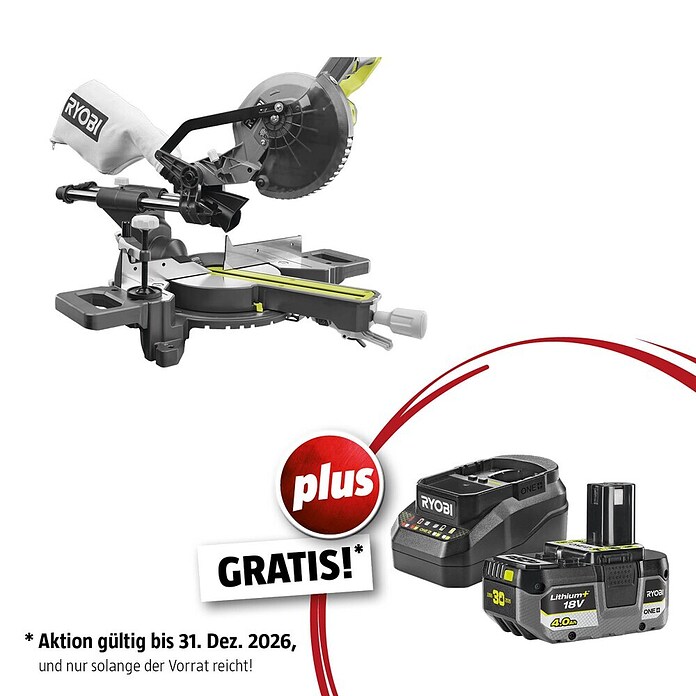 Ryobi ONE+ Maschinenpaket (Akku-Kapp- & Gehrungssäge RMS18190-0 + gratis Starter-Kit) | BAUHAUS