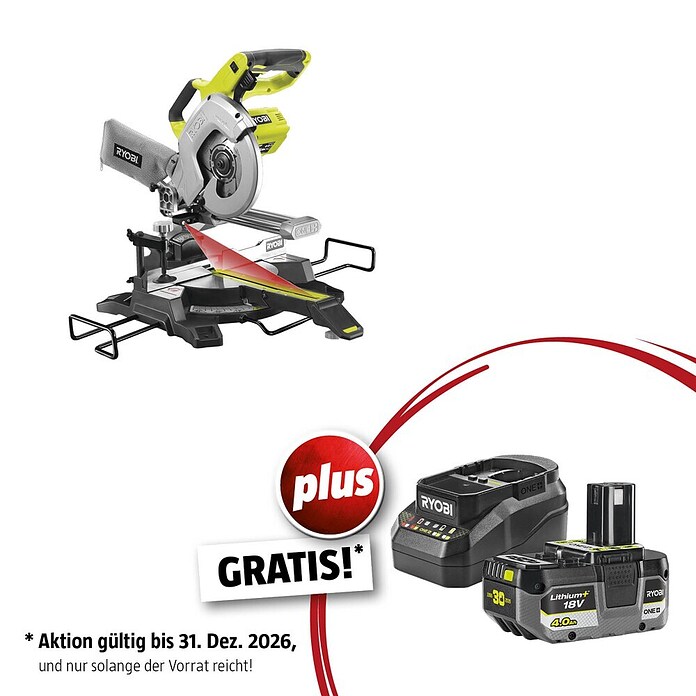 Ryobi ONE+ Maschinenpaket (Akku-Kapp- & Gehrungssäge R18MS216-0 + gratis Starter-Kit) | BAUHAUS