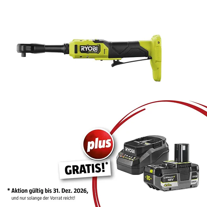 Ryobi ONE+HP Maschinen-Set - Akku-Ratschenschrauber RRW1838X-0 + gratis Starter-Kit - Ryobi Akku-Ratsche in Limettengrün und Schwarz, mit Akku und Ladegerät. Promotext für ein Gratis-Geschenk.