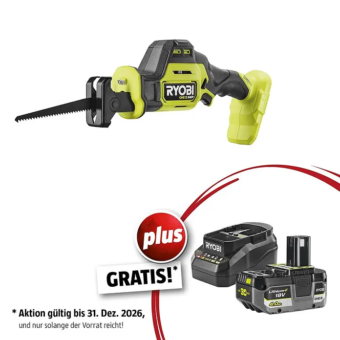 Ryobi ONE+HP Maschinen-Set - Akku-Säbelsäge RRS18C1-0 + gratis Starter-Kit - Grüne und schwarze Ryobi Säbelsäge, 18V 4.0Ah Akku und Ladegerät.