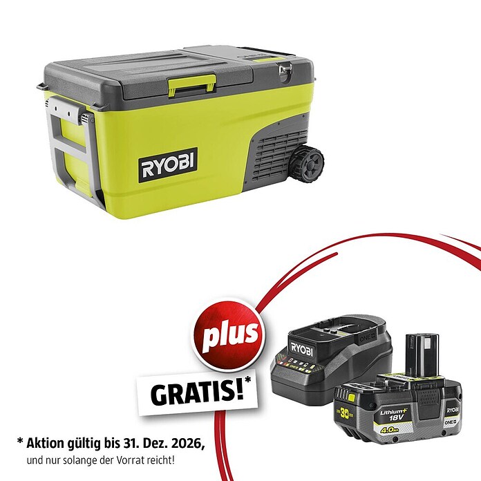 Ryobi ONE+ Maschinenpaket (Akku-Kühlbox Hybrid RY18CB23A-0,18V, 4 Ah Akku & 2A Ladegerät) | BAUHAUS
