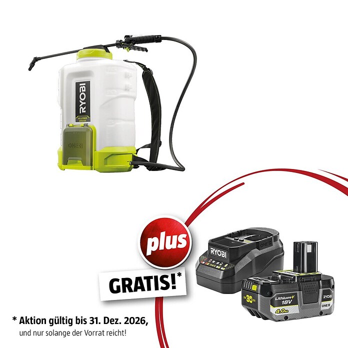 Ryobi ONE+ Maschinenpaket (Akku-Drucksprühgerät 18V RY18BPSB-0,18V, 4 Ah Akku & 2A Ladegerät) | BAUHAUS