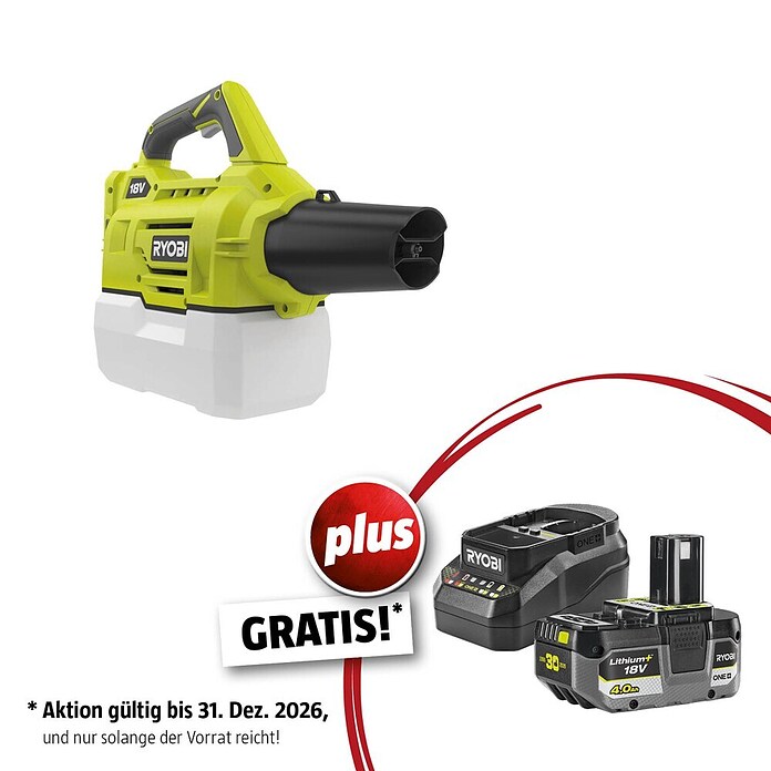 Ryobi ONE+ Maschinenpaket (Akku-Sprühgerät RY18FGA-0,18V, 4 Ah Akku & 2A Ladegerät) | BAUHAUS